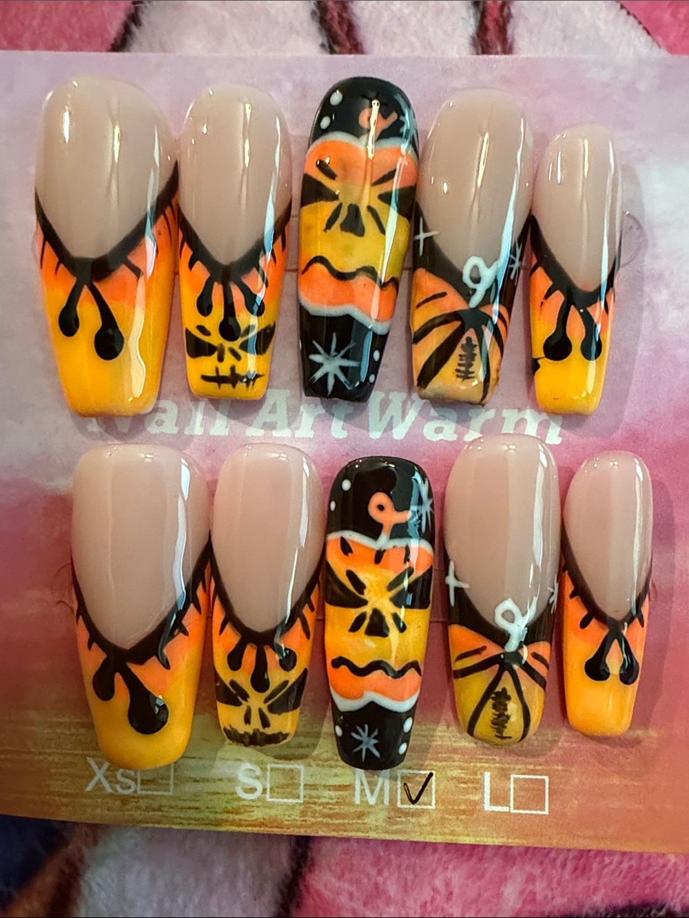 Halloween Orange Gradient handmade acrylic Press-On Nail Set with Black